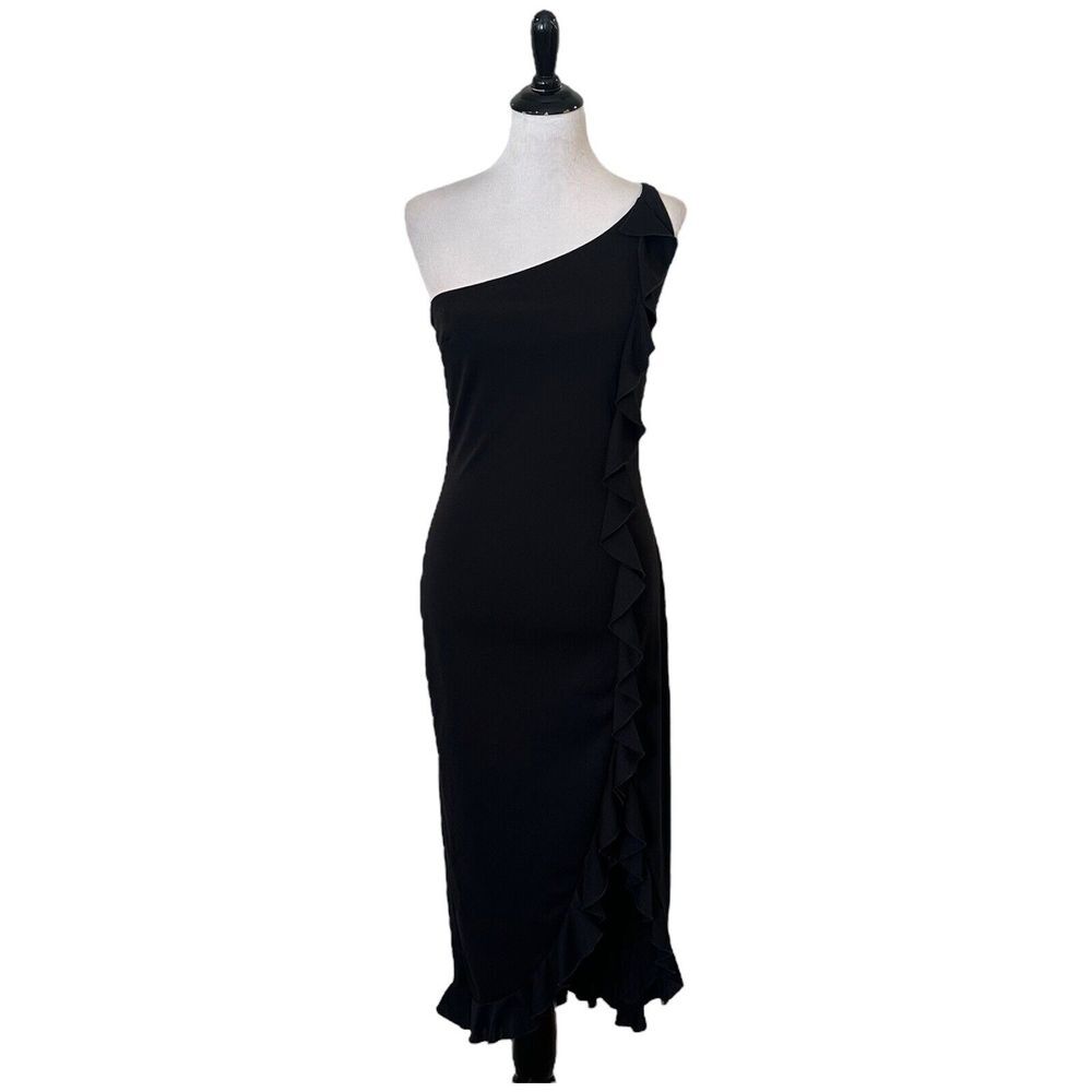 Jessica McClintock Gunne Sax Black Dress Size 7 Ruffles Split Feminine Chic y2k